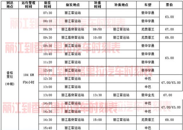 麗江到香格里拉汽車時刻表